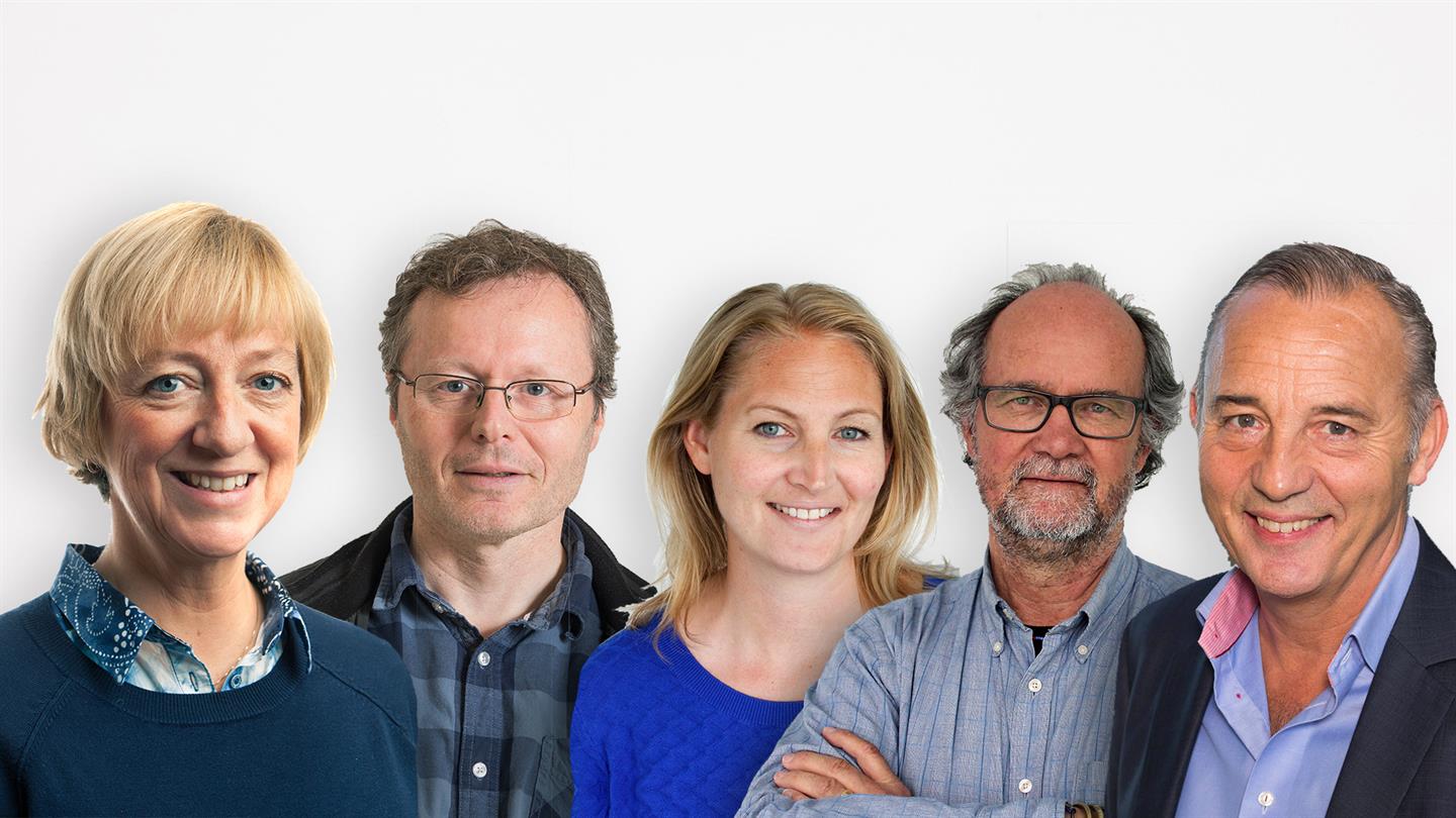 F.v.: Lise Einarsen Haukås, Kjell Oppedal, Bjørg Marit Nyjordet, Asle Jøssang og Olav Lilleberg er forelesere som NLA-studentene setter ekstra pris på.